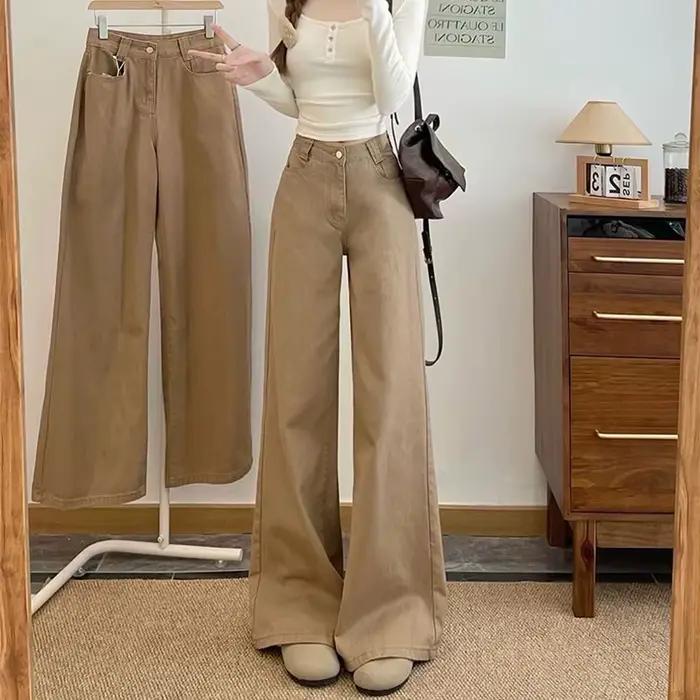 Jean large kaki pour femme, style rétro, taille basse, coupe ample, pantalon en denim uni décontracté pour femme