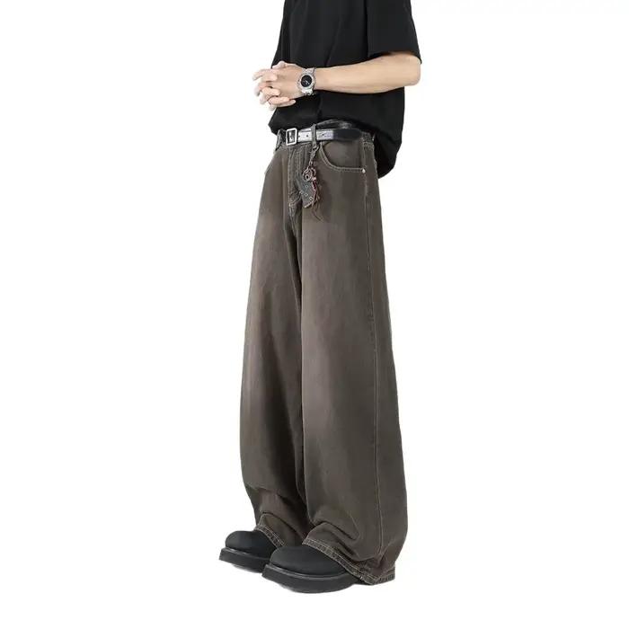 Jean ample pour homme coupe droite style urbain décontracté en denim teint rétro américain taille mi-haute avec fermeture éclair – Nouvelle collection printemps