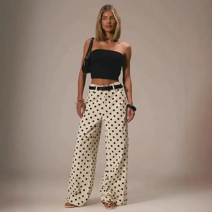 Jean taille haute printemps-automne pour femme 2026 – Pantalon décontracté en denim à pois vintage et jambe large