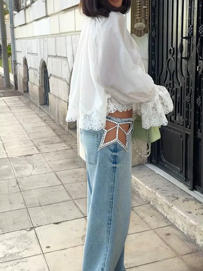 Jean long tendance à rivets pour femme