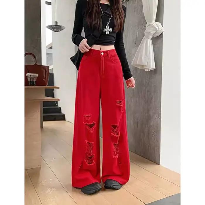 Jean Baggy Vintage Rouge Déchiré pour Femmes Style Streetwear Occasions Spéciales Printemps Automne