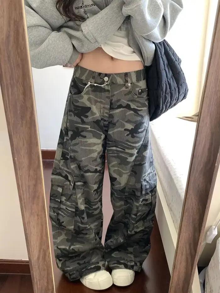 Jean de Camouflage taille haute pour femmes, Vintage, poches multiples, Hip Pop des années 2000, Baggy Y2K, pantalon en Denim, rétro américain, jambes larges