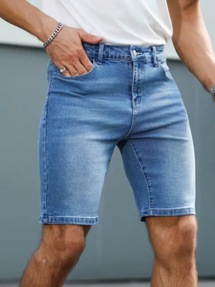 Shorts en denim stretch délavé coupe slim droite pour homme, 5 pouces