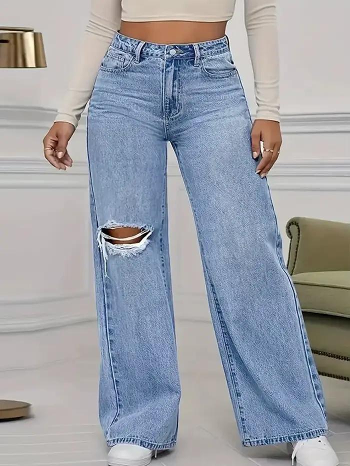 Burques déchirées femmes jean taille haute droite Baggy jambe large Denim pantalon traînant vêtements de rue