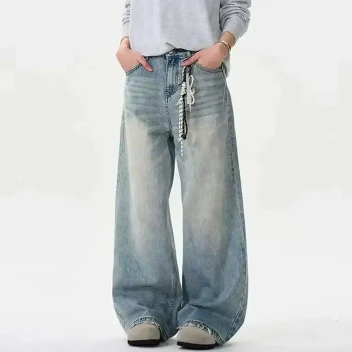 IEFB jean en détresse couleur unie lavage été hommes pantalon ample jambe large décontracté droit bouche effet mâle bas 9W665