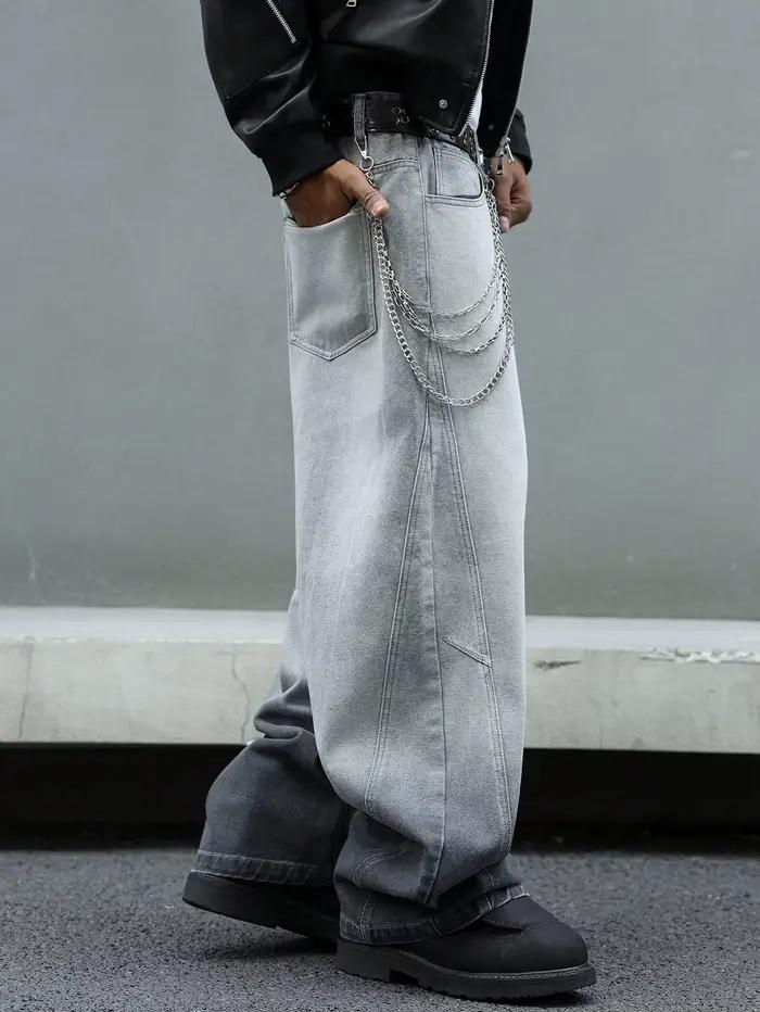 Jeans gris foncé décontractés à jambes larges et délavés pour homme