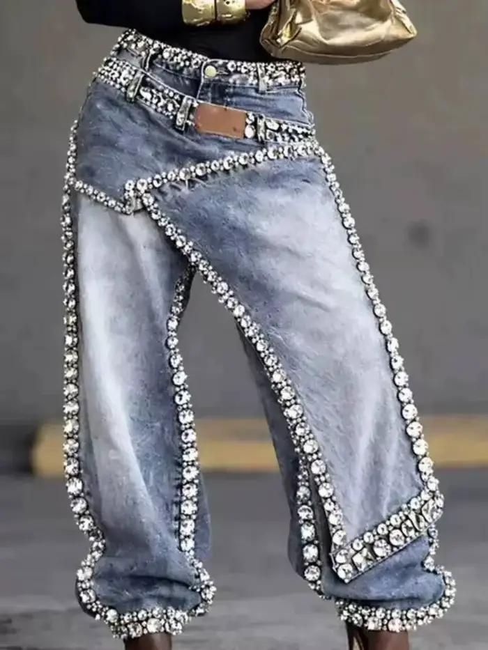 SHENGPALAE Jean Femme Coupe Large Superposé Patchwork Délavé Décor Strass Asymétrique Streetwear Tendance Été 2026 Nouveauté 05E02954