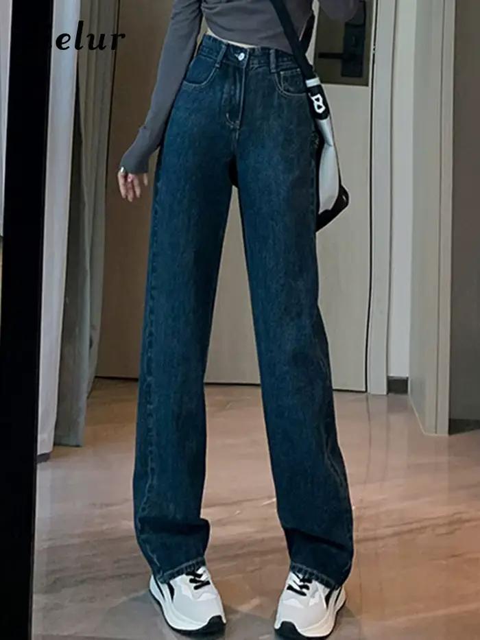 Jielur-Jean Droit Basique Bleu Foncé pour Femme