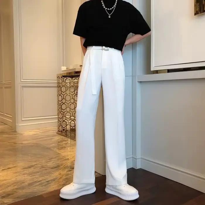 Pantalon blanc pour hommes Baggy avec ceinture jambe large élégant printemps vêtements homme costumes pantalons vêtements Promotion tissu chaud été 2025