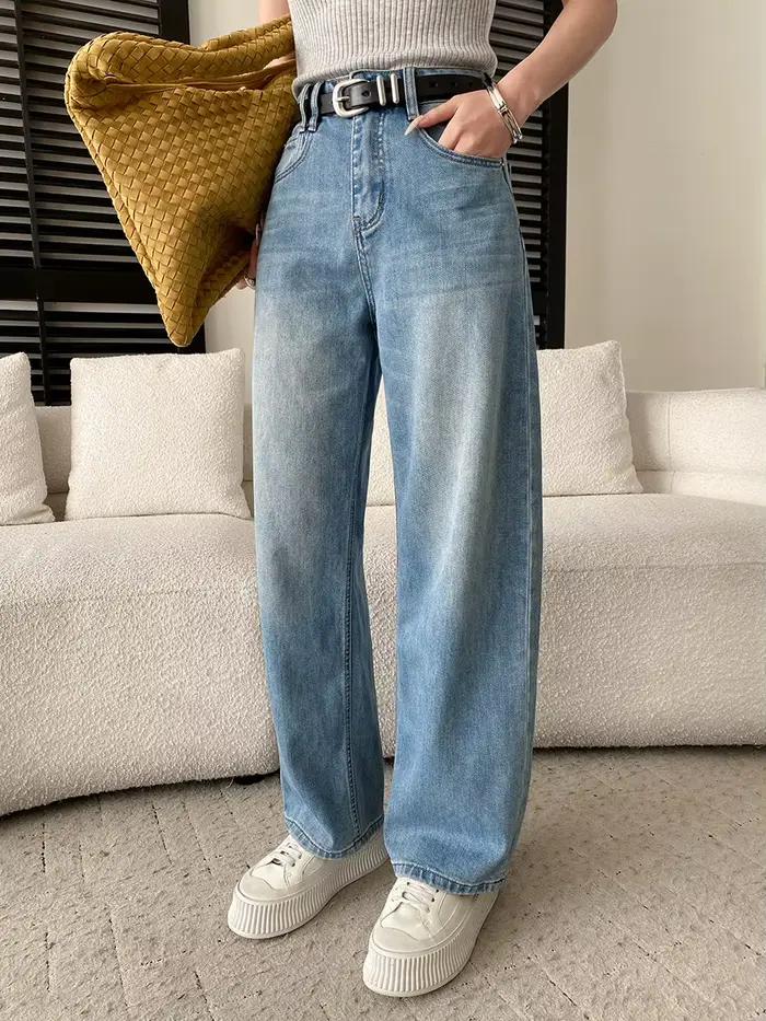 Jeans décontractés vintage bleus à jambe large et droite pour femmes