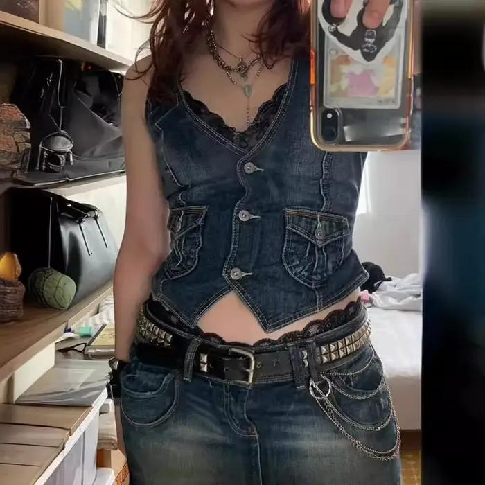 Femmes Denim gilet veste sans manches lavé col en V simple boutonnage poches gilets minces Streetwear femme été Vintage