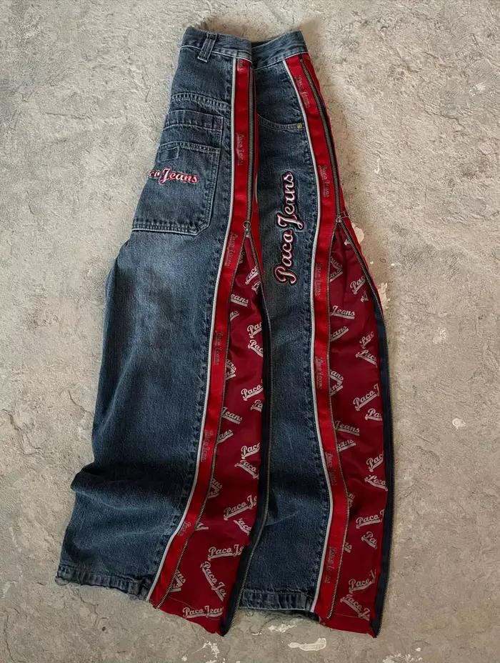 Jeans baggy Y2K brodés lettres rouges style High Street pour femme mode streetwear rétro pantalon large polyester coton ocassions spéciales