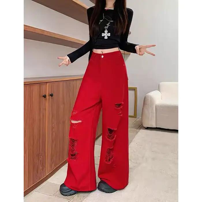 Jean Baggy Vintage Rouge Déchiré pour Femmes Style Streetwear Occasions Spéciales Printemps Automne