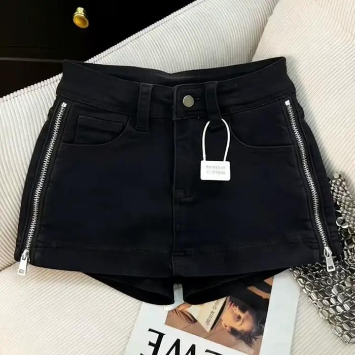 Jupe-short en jean taille haute kaki avec fermeture éclair