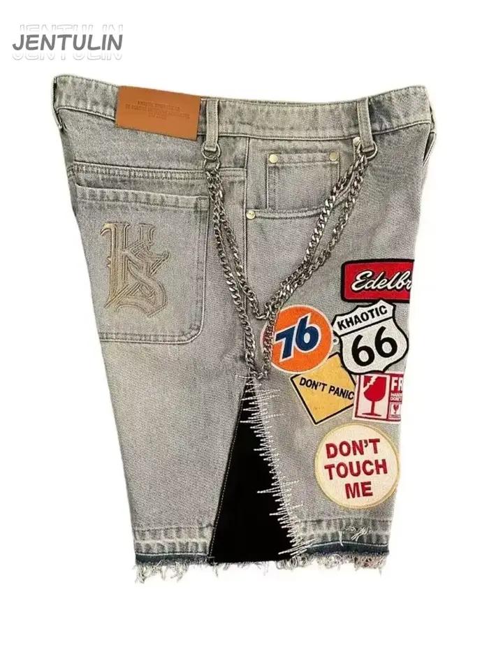 Short en jean patchwork bleu rétro Y2K pour homme et femme