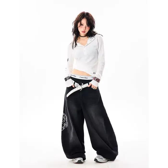YIBASHU femmes Vintage broderie Y2K Baggy jean femme taille haute 2000s jambe large Denim pantalon américain rétro