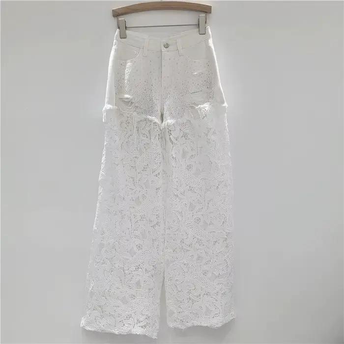 DEAT femmes jean diamants chauds trous cassés Patchwork dentelle taille haute pantalon en Denim droit 2026 nouvelle mode été 29A1333
