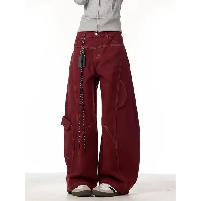 Jean femme rouge Vintage taille haute pantalon en Denim droit Y2K années 90 Hip hop américain Streetwear jambe large