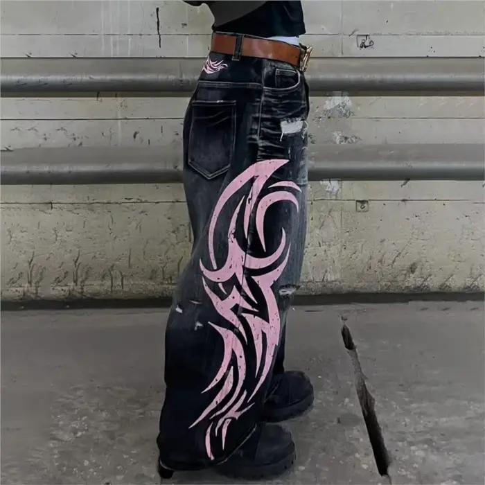 Jean Baggy Vintage Totem Imprimé Taille Haute Homme Polyvalent Style Militaire Harajuku Faire Du Shopping Automne Hiver