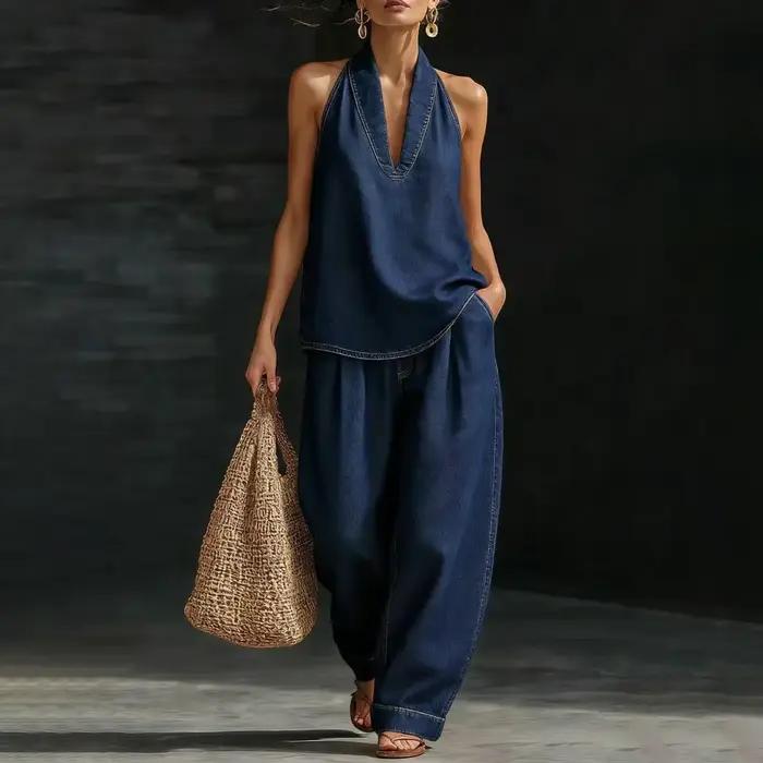 Ensemble pantalon et gilet en jean pour femme