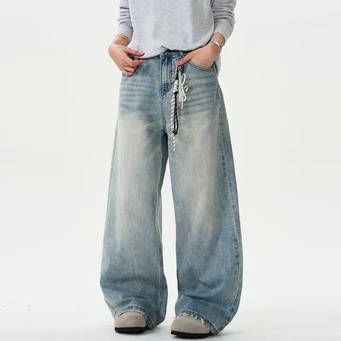 IEFB jean en détresse couleur unie lavage été hommes pantalon ample jambe large décontracté droit bouche effet mâle bas 9W665