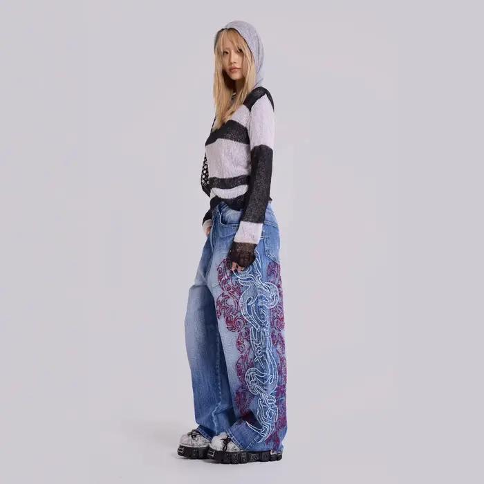 Y2K broderie Design jean US EU Vintage délavé Streetwear pantalon à jambes larges coupe ample