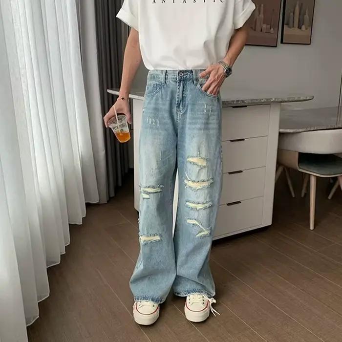 Jeans Baggy Y2K Streetwear Coupe Droite Ample Pantalon Denim Bleu Pour Hommes Occasions Spéciales Casual