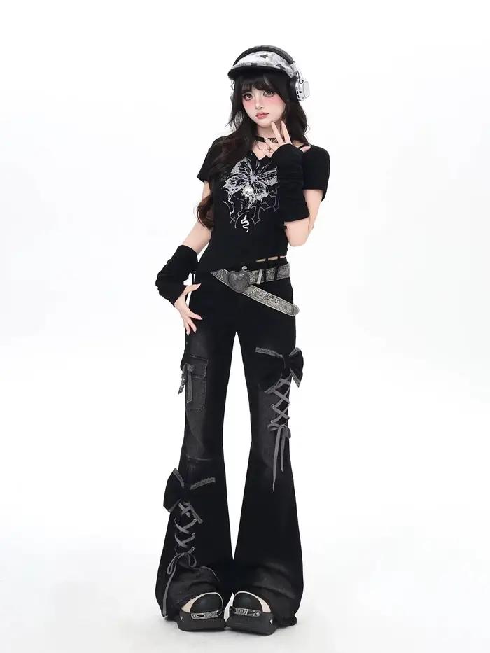 Y2K Bow Jeans femmes conception 3D taille haute coupe ajustée pantalon évasé fille épicée
