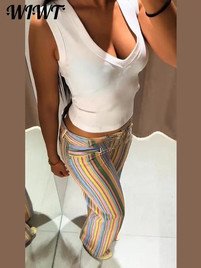 Jean rayé coloré 2026 Nouveau pantalon en denim long décontracté pour femme à taille basse