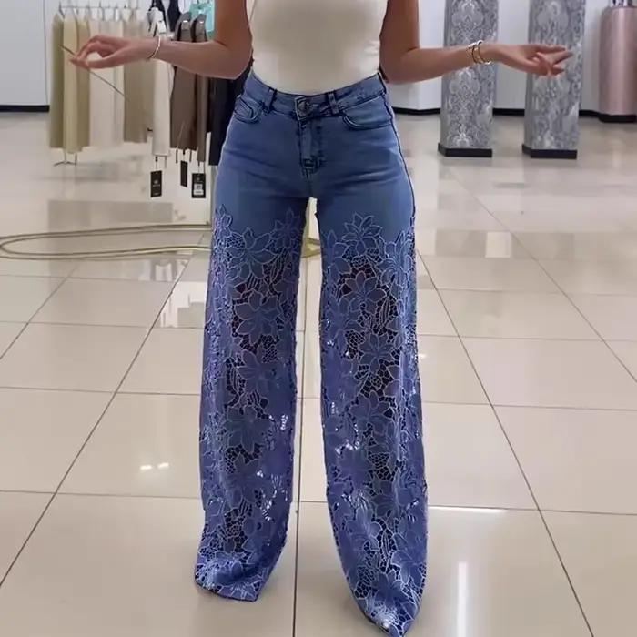 Dames Sexy dentelle évidé jean été rétro couleur unie jambe large pantalon 2025 décontracté Crochet épissé taille haute