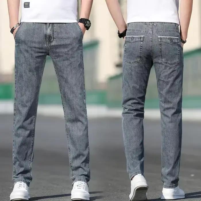 2025 été nouveaux hommes ample gris jean mode décontracté Stretch jambe droite Denim pantalon mâle bleu clair