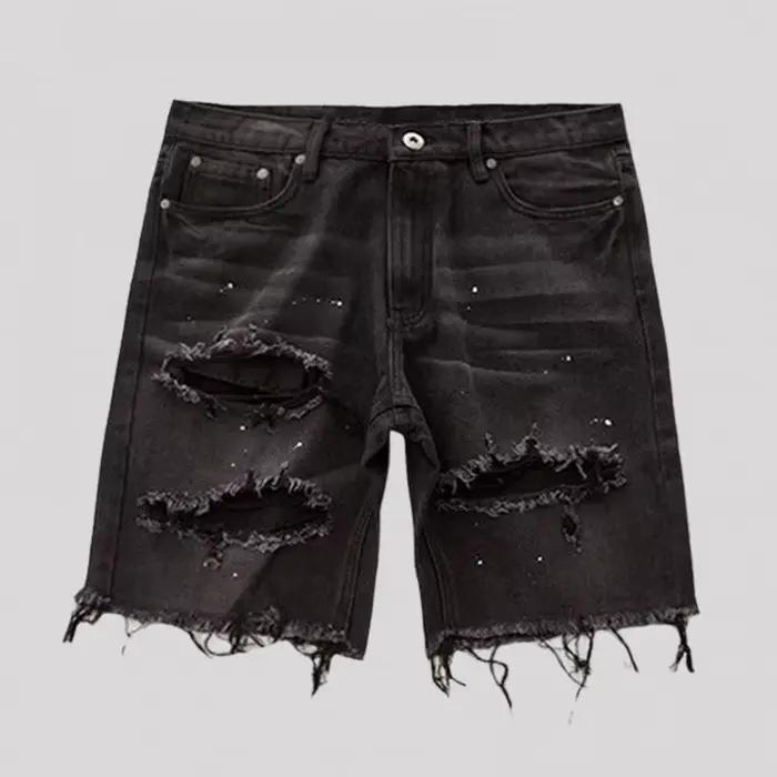 Short en jean homme, bleu, noir, trous déchirés, coupe droite, fermeture éclair boutons, multipoches, confort tout au long de la journée, adapté aux quatre saisons, pour homme