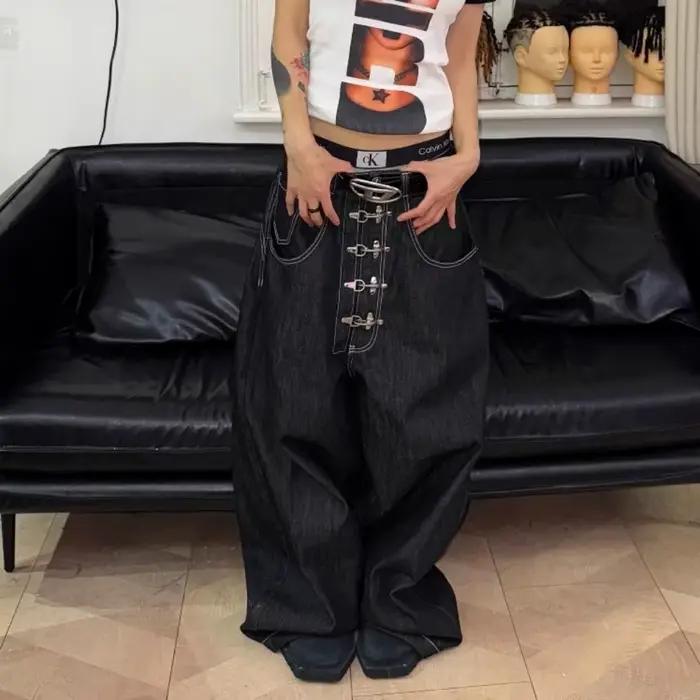 American Street Y2K boutonnage Design lavage jean à jambes larges femmes rétro Hip Hop pantalon ample Harajuku rue