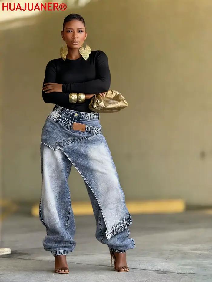 Jeans femme vintage coupe large délavé streetwear patchwork patches pantalon droit effet usé longueur ras du sol printemps 2026