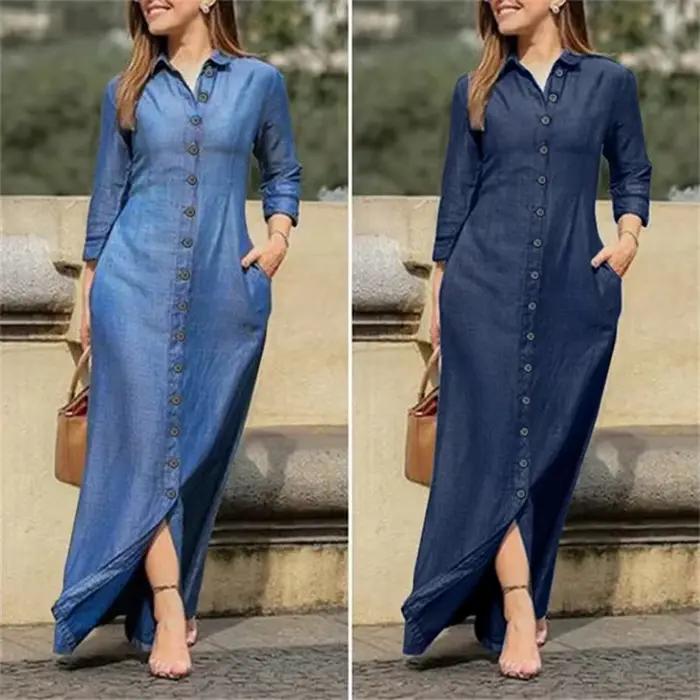 Femmes longue Denim Blouse robe été femme col rabattu à manches longues bouton ample Maxi maillots de bain robes JYFS-5542