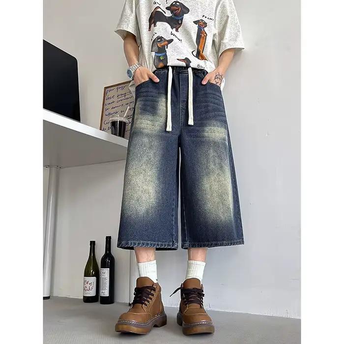Coupe ample jean court élastique cordon taille Stretch Denim tenue décontracté confort hommes Baggy Denin pantalon