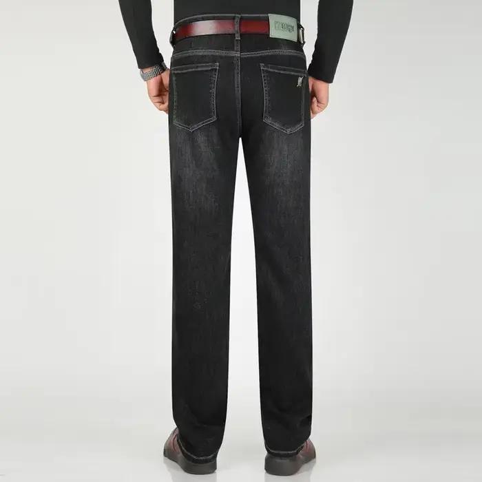 Jeans extensibles extra-long pour hommes, taille haute, grande taille, noir, style décontracté, automne et hiver, ajustement droit, toile robuste, broderie subtile, lavage enzymatique, durable, confortable, élégant