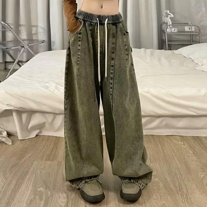 Jeans amples vintage unisexes avec taille élastique et poches profondes pour femmes, style décontracté, matériau polyester, adapté aux saisons automne-hiver, pour une utilisation polyvalente et élégante