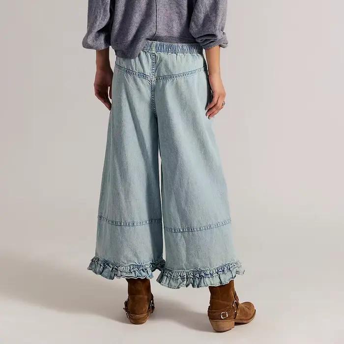 Jean chic bohème bleu clair à ourlet volanté pour femme