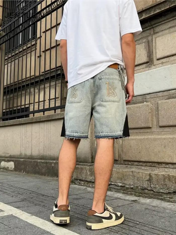 Short en jean patchwork bleu rétro Y2K pour homme et femme