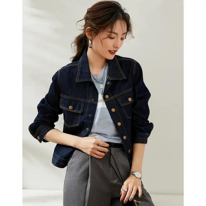 Veste en jean délavée vintage décontractée col rabattu pour femmes printemps automne 2024 LOUIS YAO