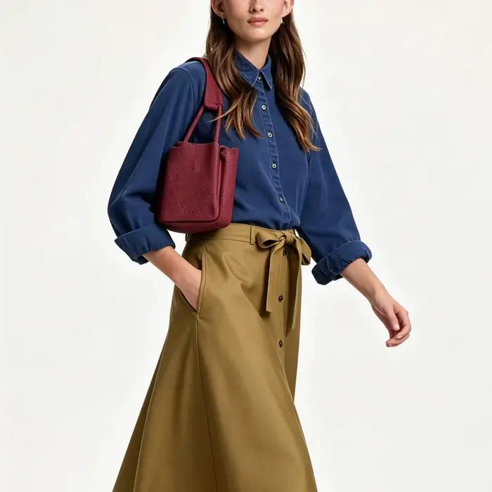 Chemise en denim brodée CH à manches longues femme col pointu coupe classique style américain confortable décontractée idéale tous les jours voyage