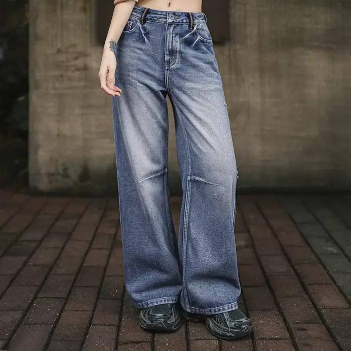 Maden – jean en Denim taille basse pour femme, pantalon Long décontracté, délavé, lourd, avec fermeture éclair YKK, pour le printemps et l'automne