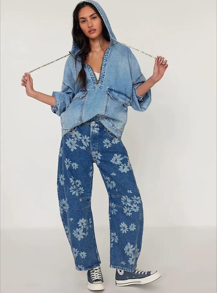 Boho plage bleu coton Denim jean pour femmes pantalon décontracté ample taille moyenne Tube en forme