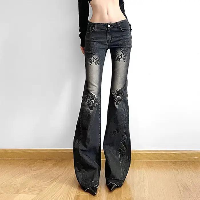 Jean femme nouveau Style de rue rétro américain imprimé plante lavé Vintage taille basse pantalon évasé à la mode polyvalent