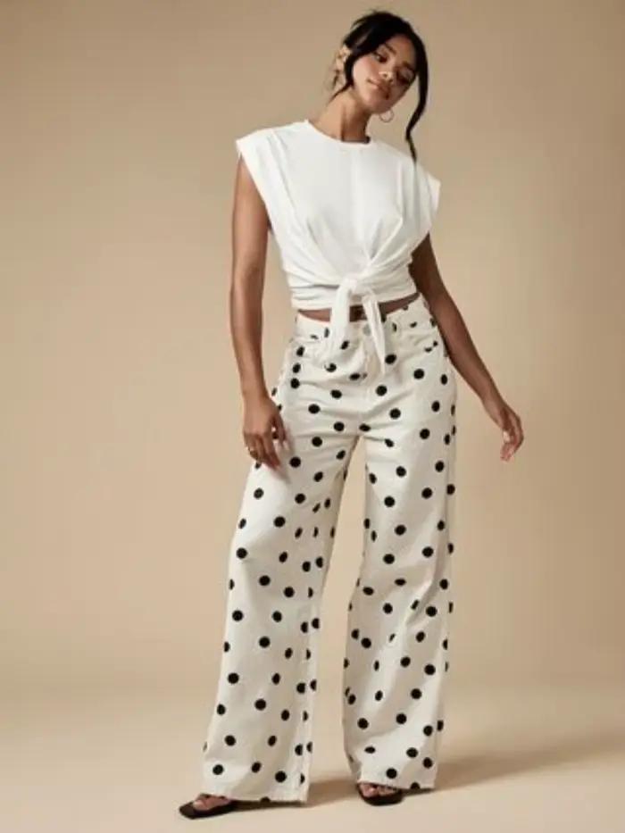 Pantalon en denim à jambes larges imprimé à pois rétro de style américain pour femmes