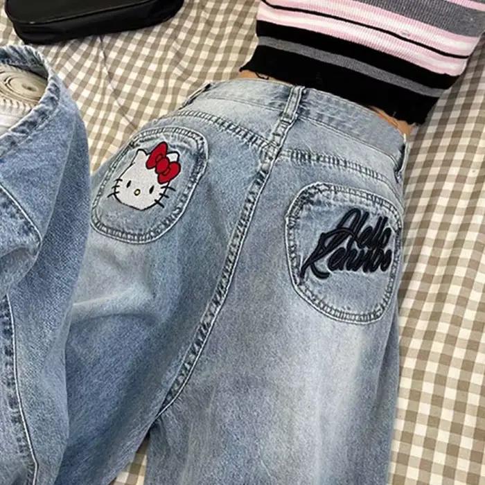 Jean Harajuku Sanrios Y2K Hello Kittys tendance Anime Kawai Kt pantalon à jambes larges ample pour femmes