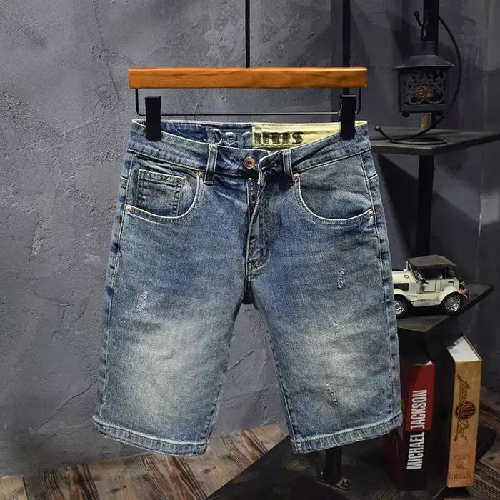 Bleu vieux rétro été hommes Denim moyen pantalon brodé rayures lavé polyvalent élastique Shorts Cargo demi