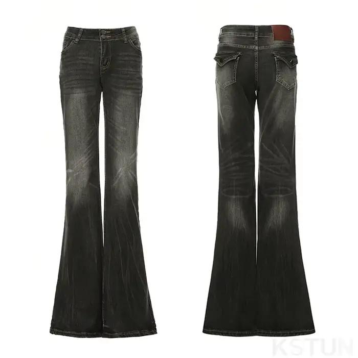 KSTUN épicé fille taille basse jean gris Stretch femmes mince pantalon évasé bureau dame cloche bas