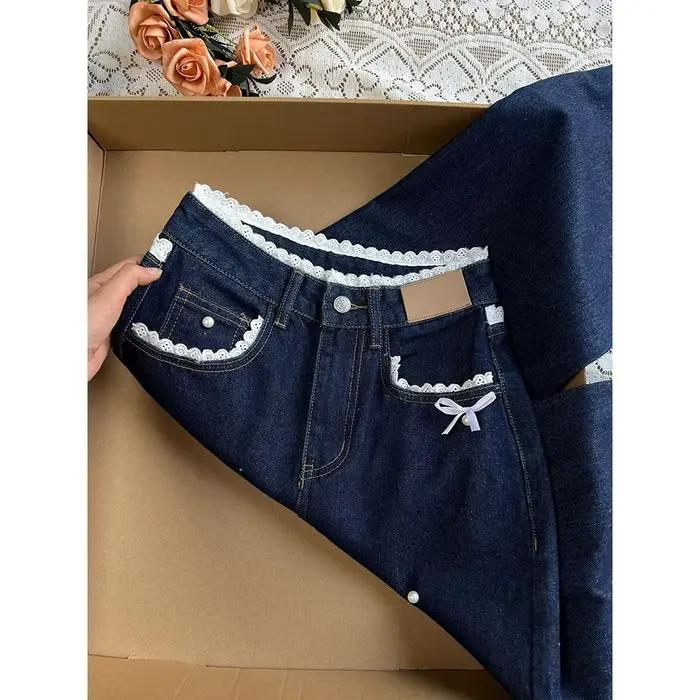 Pantalon en denim bleu foncé rétro pour femme avec nœuds en dentelle douce style américain droit et jambes larges pour printemps et automne